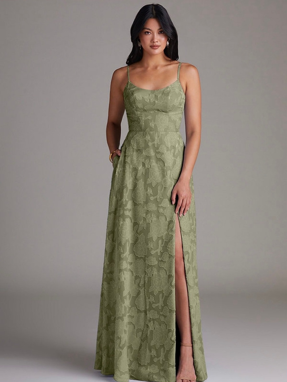 Azazie Olive Lace Maxi Dress with Side Slit